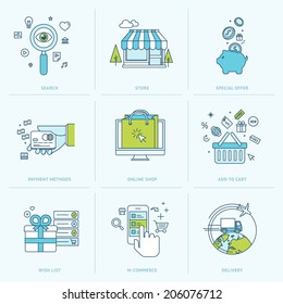 Set of flat line icons for online shopping. Icons for m-commerce, e-commerce, online shop, payment methods, delivery, internet marketing.