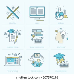 Set of flat line icons for online education. Icons for online learning, online book, video tutorial, online education, research, online book shopping, distance education, education for all.