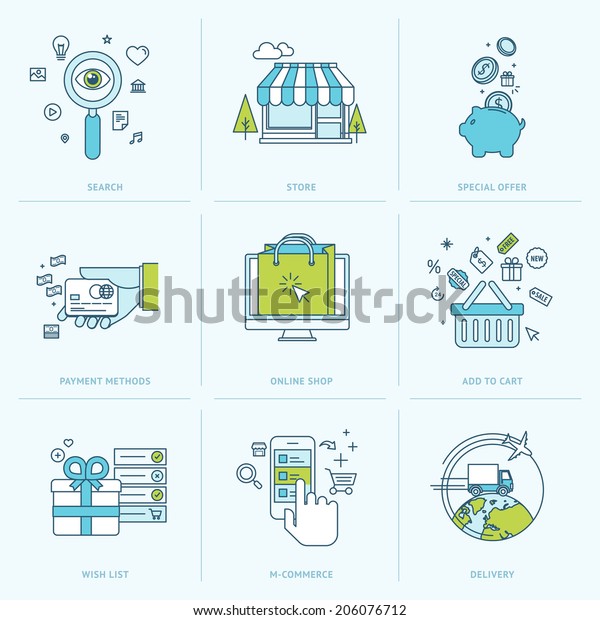オンラインショッピング用のフラットラインアイコンのセット M コマース E コマース オンラインショップ 支払い方法 配信 インターネットマーケティングのアイコン のベクター画像素材 ロイヤリティフリー