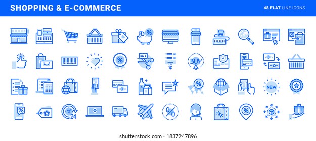 Conjunto de íconos de línea plana de compras y comercio electrónico. Conceptos vectores para el diseño y desarrollo de sitios web y aplicaciones.