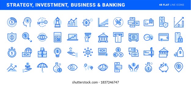 Set of flat line icons of strategy, investment, business and banking. Vector concepts for website and app design and development.