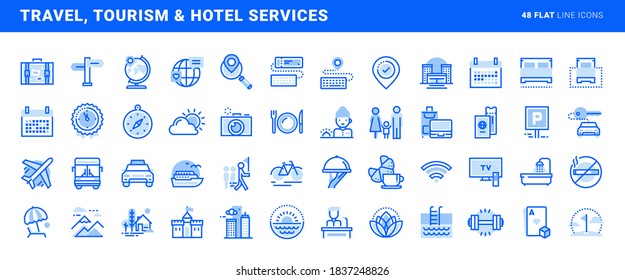 Set of flat line icons of travel, tourism and hotel services. Vector concepts for website and app design and development.