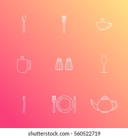 Set of flat line icons with various kitchen utensils and cooking related objects. Spoon, fork, knife, salt and pepper pots, kettle, glass, cup, mug, plate.
