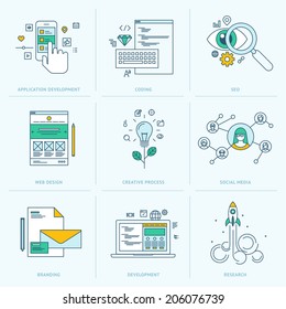 Set of flat line icons for web development. Icons for application development, web page coding and programming, seo, web design, creative process, social media, branding, marketing