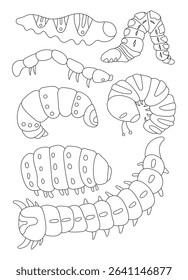 Set of flat line insect caterpillar icons. Outline signs for insects. Cute cartoon caterpillar coloring page. Vector black line illustration.