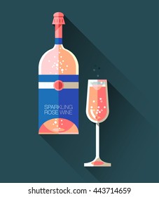 Set of flat line modern alcohol wine icons for restaurant and food menu. Bottles and glasses of delicious rose pink sparkling wine or pink champagne with coupe glass of champagne in hand