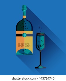 Set of flat line modern alcohol wine icons for restaurant and food menu. Bottles and glasses of delicious rose pink sparkling wine or pink champagne with coupe glass of champagne in hand