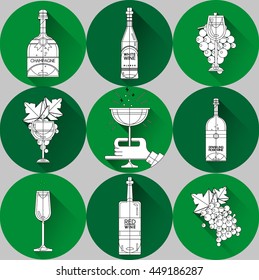 Set of flat line modern alcohol wine icons for restaurant and food menu. Bottles and glasses of red wine, white blanco wine, rose wine, sparkling wine and champagne with bunch of grapes