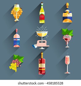 Set of flat line modern alcohol wine icons for restaurant and food menu. Bottles and glasses of red wine, white blanco wine, rose wine, sparkling wine and champagne with bunch of grapes