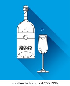Set of flat line modern alcohol wine icons for restaurant and food menu. Bottles and glasses of delicious rose pink sparkling wine or pink champagne with coupe glass of champagne in hand