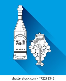 Set of flat line modern alcohol wine icons for restaurant and food menu. Bottles and glasses of delicious white blanco wine with glass of whine wine in front of bunch of grapes