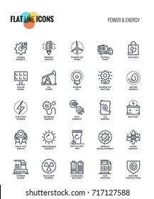 Set of flat line Power and Energy icons suitable for mobile concepts, web application, printed media and infographics projects. Vector Illustration