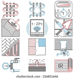 Set of flat line red, black and blue color vector icons for underfloor heating service on white background.