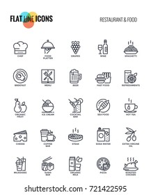 Set of flat line Restaurant and Food icons suitable for mobile concepts, web application, printed media and infographics projects. Vector Illustration