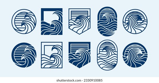 Set of flat line sea wave icon logo design. Silhouette of ocean wave logo icon.