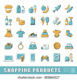 Set von Bildsymbolen für das Shopping mit Flachzeilen. Vektorgrafik. Verschiedene Einkaufsprodukte. Kollektion von Symbolen in Premium-Qualität. 