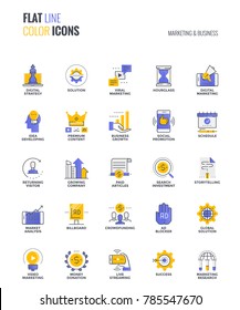 Set Of Flat Line Smooth Gradient Color Icons For Marketing And Business, Suitable For Mobile Concepts, Web Application, Printed Media And Infographics Projects. Vector Illustration