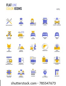 Set of flat line smooth gradient color icons for Hotel services, suitable for mobile concepts, web application, printed media and infographics projects. Vector Illustration