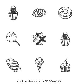 Set of flat line style vector icons for sweet desserts. Ice cream, donut, candy and other samples for desserts or cafe menu. Elements of web design for business or website.