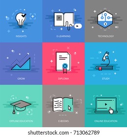 Set of flat line styled elements of learning and studying in vector.