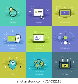 Set of flat line styled elements of distance education and studying in vector. 