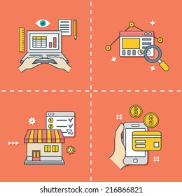 Set of flat line symbols for online shopping. Analytics, e-commerce, online shop, payments - vector symbols