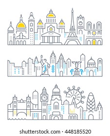 Set of flat line vector banners on the theme Paris, London, New York. Template for travel, adventure, vacation. Modern flat design. Trip vector logo.