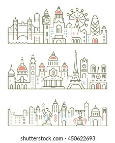 Set of flat line vector banners on the theme Paris, London, New York. Template for travel, adventure, vacation. Modern flat design. Trip vector logo.