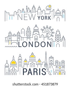 Set of flat line vector banners on the theme Paris, London, New York. Template for travel, adventure, vacation. Modern flat design. Trip vector logo