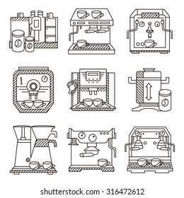 Set of flat line vector icons for coffee machines. Selling of equipments for cafe, restaurants and cafeteria for business and website