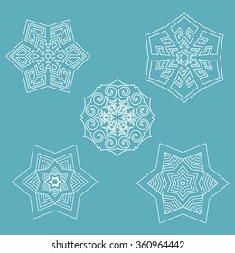 Set of flat line vector snowflakes with shadows on blue background. Christmas and New Year decoration element. Simple shape winter seasonal template for graphic design