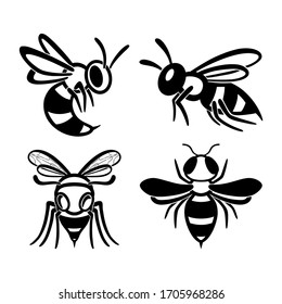 Set of flat line wasp icons. Bundle of black insects silhouettes Isolated on a white background. Graphic symbol, design template for logo. Vector illustration emblem of a bee, hornet, pest, sting.