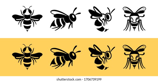 Conjunto de iconos de avispa de línea plana. Conjunto de siluetas de insectos negros aisladas en fondo blanco y amarillo. Símbolo gráfico, plantilla de diseño para el logotipo. emblema de la ilustración vectorial de abeja, avispón, plaga.