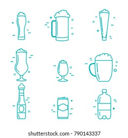 Set of flat linear beer icons. Glasses, a bottle and a can of beer