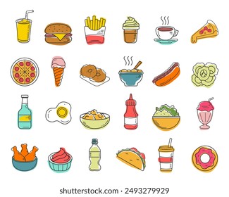 Set of flat linear color fast food icons. Vector illustration. Thin icons for restaurant menu. Isolated
