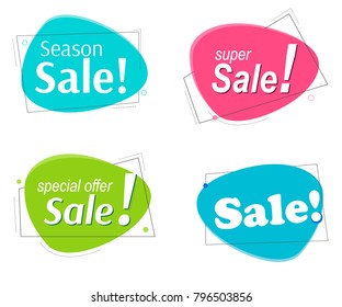 Set Flat linear Colored promotion banners. flat bubble shaped sticker, label, ribbon. Vector illustration linear style. Text - Sale season, special offer, super sale.