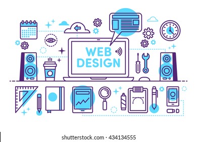 Set of flat linear design concept icons for web and mobile phone services and apps. Icons for web design, application development, services and programming.