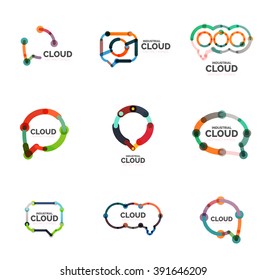 Set of flat linear design speech cloud logos. Talk bubbles, modern geometric industrial thin line icons. Vector