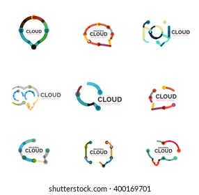 Set of flat linear design speech cloud logos. Talk bubbles, modern geometric industrial thin line icons. Vector