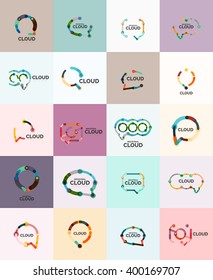 Set of flat linear design speech cloud logos. Talk bubbles, modern geometric industrial thin line icons. Vector