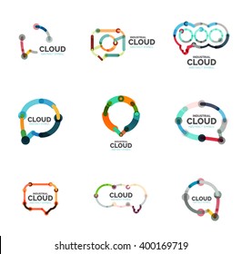 Set of flat linear design speech cloud logos. Talk bubbles, modern geometric industrial thin line icons. Vector
