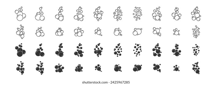 Set of flat linear icons with bubbles. Soap foam, fizzy drink, oxygen bubble Set of silhouette and linear vector icons for design, with editable strokes.