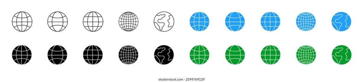 Set of flat linear icons depicting different globes in black, blue and green colors.