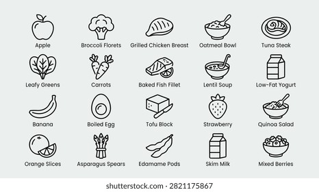 Set of flat linear icons representing healthy food and nutrition. Features include apple, broccoli, chicken breast, oatmeal, tuna steak, leafy greens, carrots, baked fish, lentil soup, yogurt, banana, boiled egg, tofu, strawberry, quinoa, orange slices, asparagus, edamame, skim milk, and mixed berries.