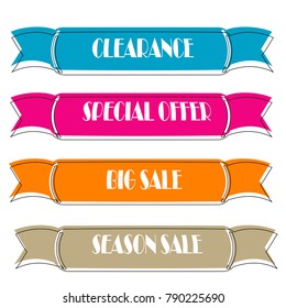 Set of Flat linear promotion ribbon banner scroll  price tag sticker badge poster isolated on white background