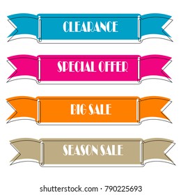Set of Flat linear promotion ribbon banner scroll  price tag sticker badge poster isolated on white background