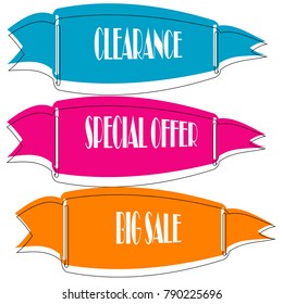 Set of Flat linear promotion ribbon banner scroll  price tag sticker badge poster isolated on white background
