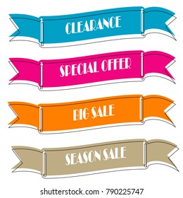 Set of Flat linear promotion ribbon banner scroll  price tag sticker badge poster isolated on white background