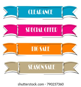 Set of Flat linear promotion ribbon banner scroll  price tag sticker badge poster isolated