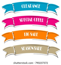 Set of Flat linear promotion ribbon banner scroll  price tag sticker badge poster isolated